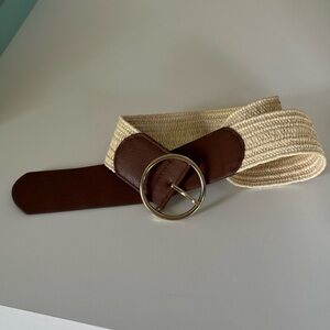 Brown and Cream Woven Belt with Gold Buckle